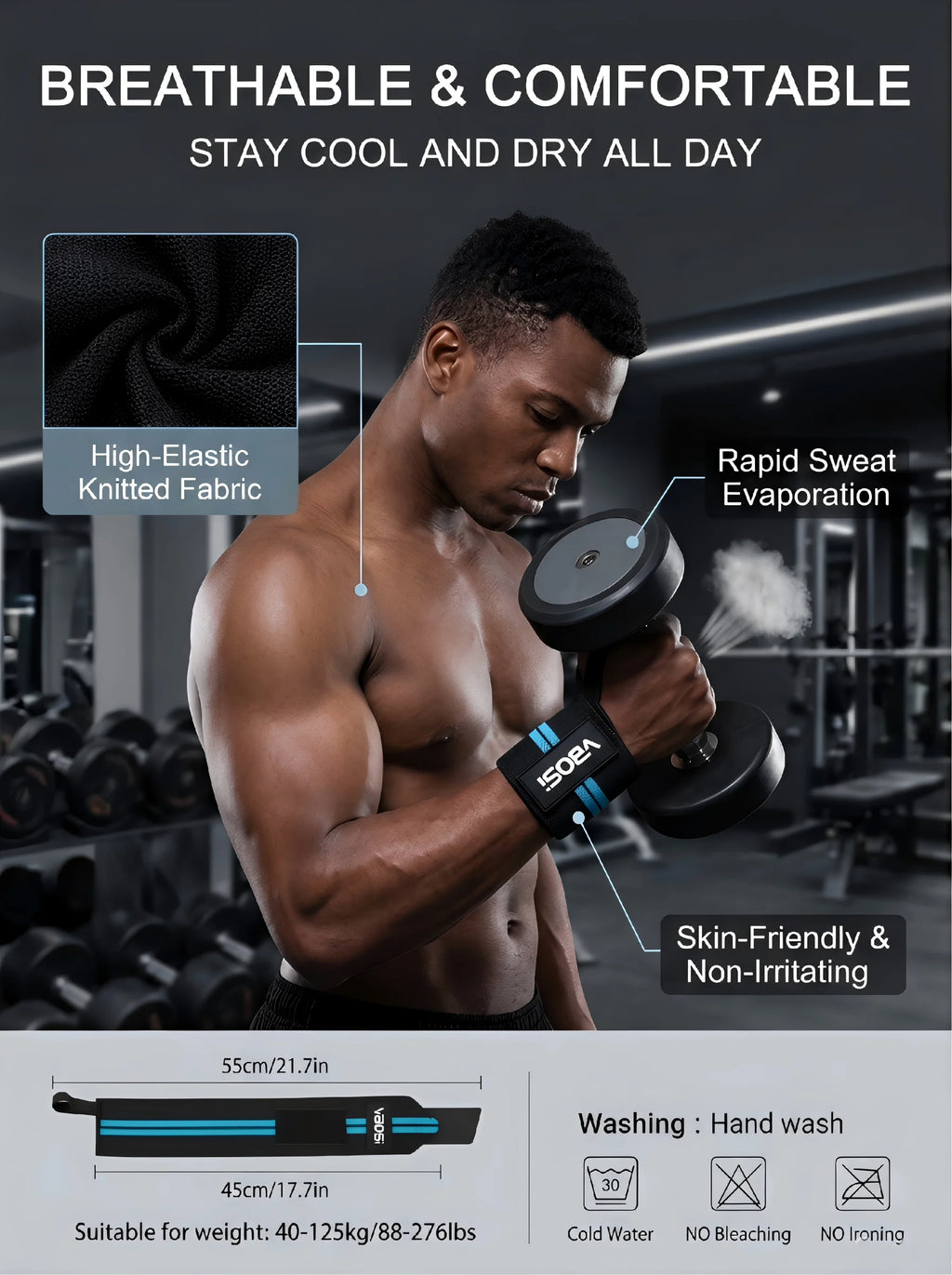VBOSI Adjustable Wrist Support Brace with Thumb Loop,Heavy Duty Wrist Wraps for Powerlifting, Weight Training&Injury Prevention