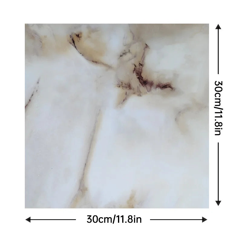 Marble-effect backsplash tile, white with tan and dark brown veining