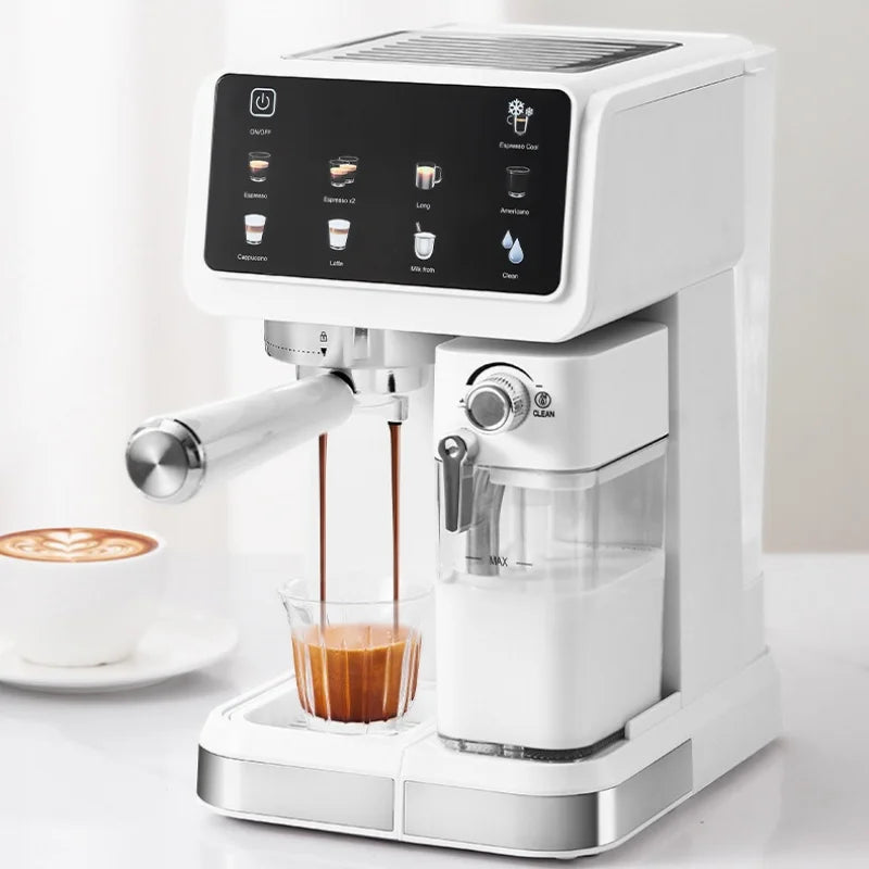 White automatic espresso machine with milk frother and digital touchscreen display pouring coffee into a glass cup.