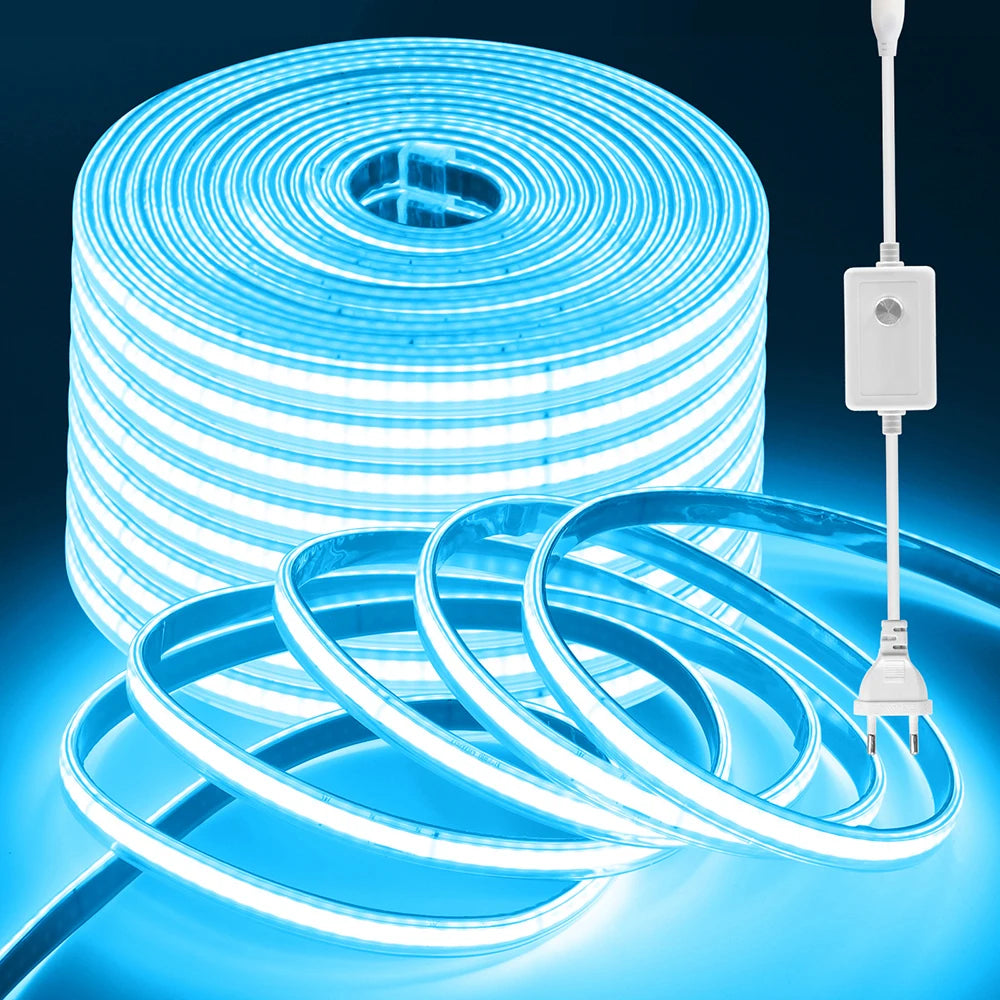 220V 10 Colors Dimmable COB LED Strip Light 240 LEDs Flexible Tape Dimmer EU Power Plug Kit TV Night Lights Home Linear Lighting