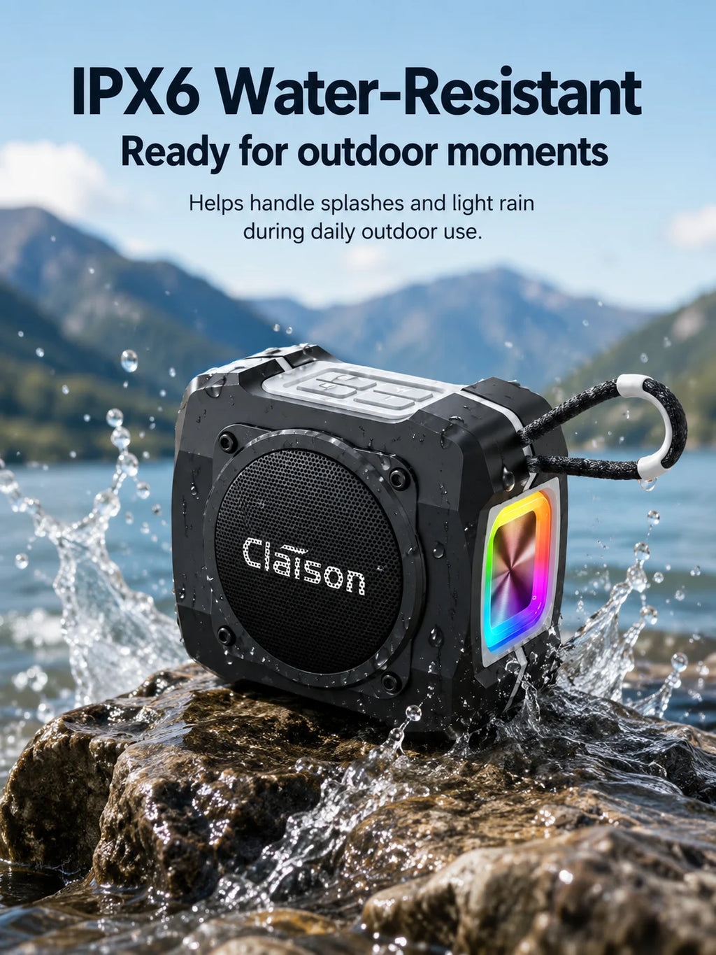 Portable Bluetooth Speaker, Bluetooth 5.3, TWS Pairing, 52mm Driver, 5W Output, 1200mAh Battery, RGB Light, FM Radio, TF Card and USB Playback, IPX6 Water Resistant Design for Outdoor, Camping, Travel and Home Use