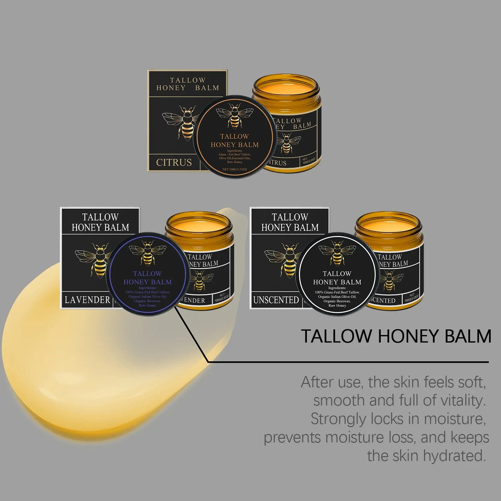 Tallow Honey Balm Firming Nourishing & Hydrating Skin Care Smoothing Soothe Skin Improves Elasticity Tallow Honey Moisturizer