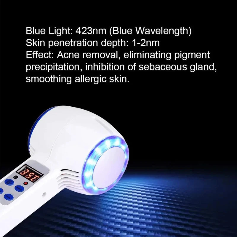 White handheld facial massager with a glowing blue light ring, digital display, and text about blue light benefits.