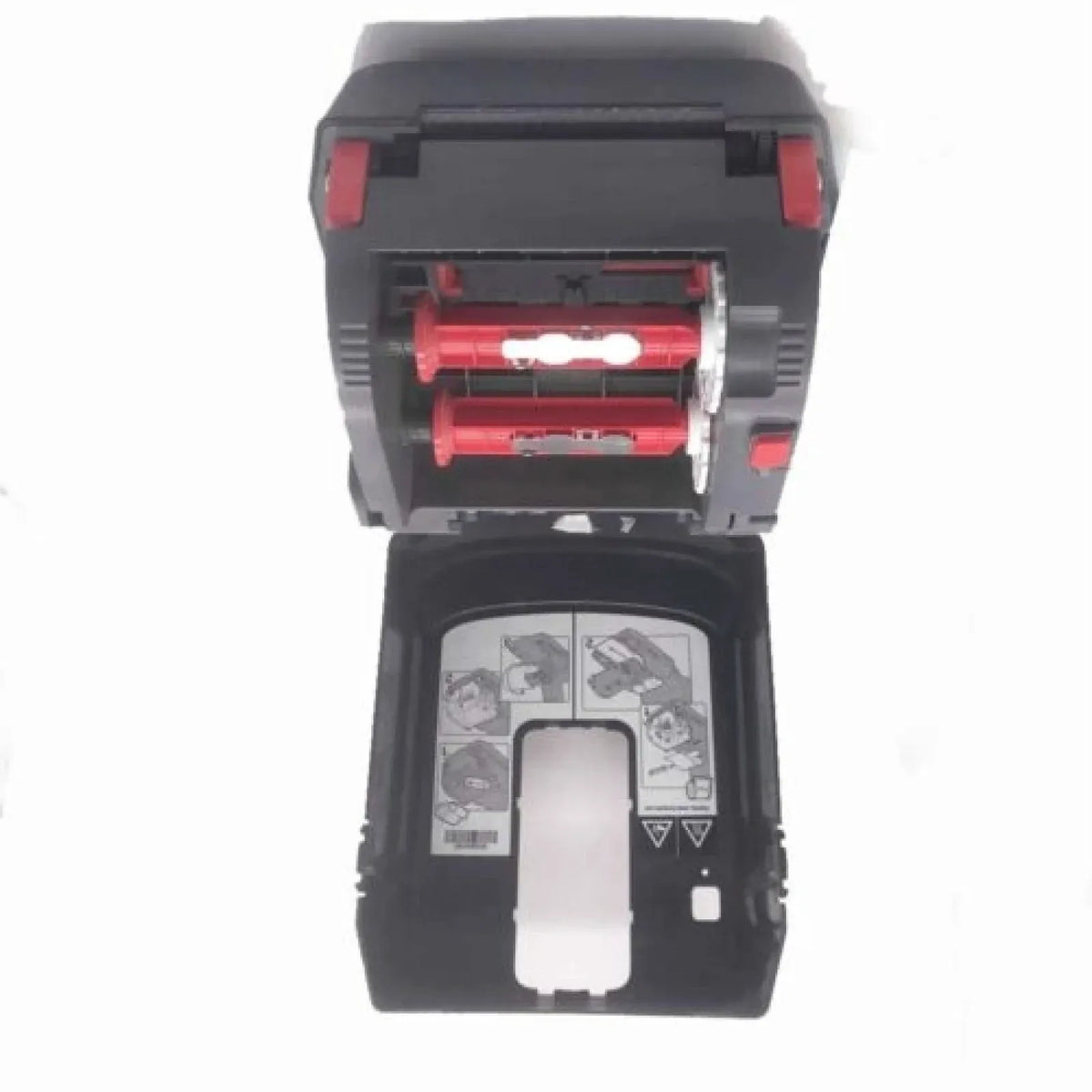 Barcode label printer part with open print area and red rollers, black housing