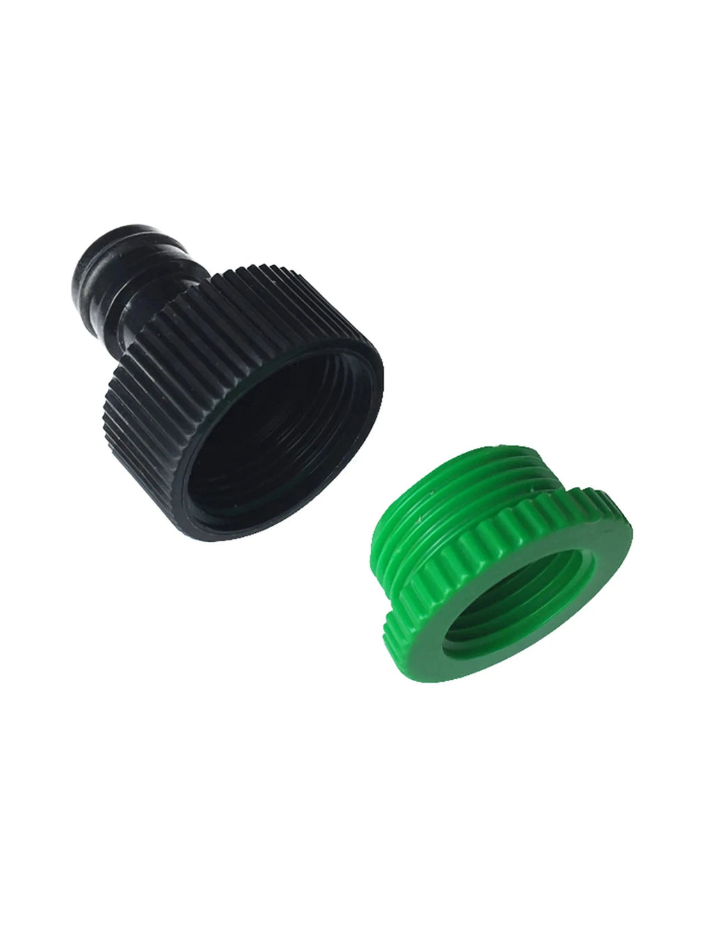 Green and black barbed connector pieces with ribbed grip ends for quick hose coupling