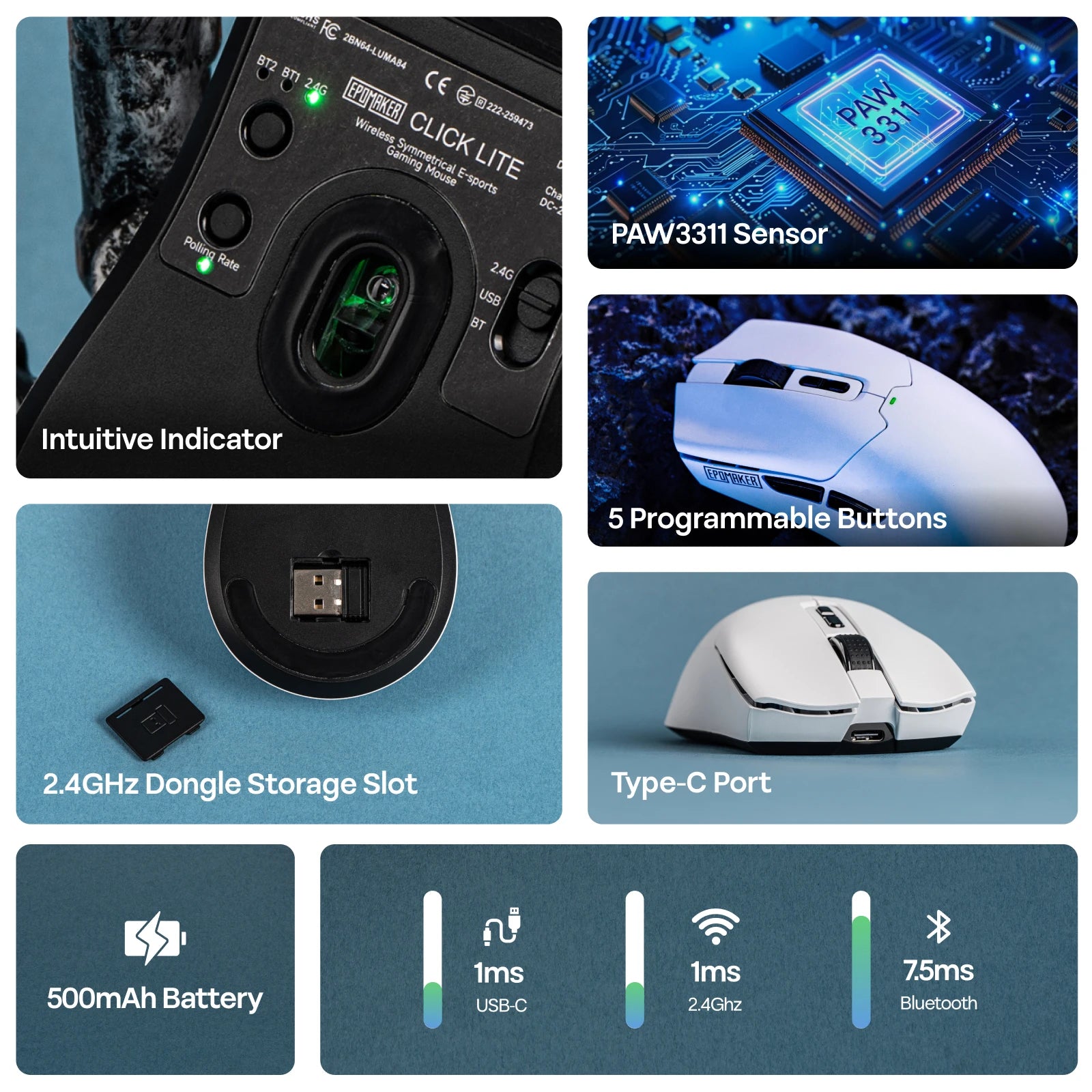 EPOMAKER Click Lite Tri-mode Wireless Ergonomic Contours Gaming Mouse with PAW3311 Sensor & 800–24 000 DPI for Gaming