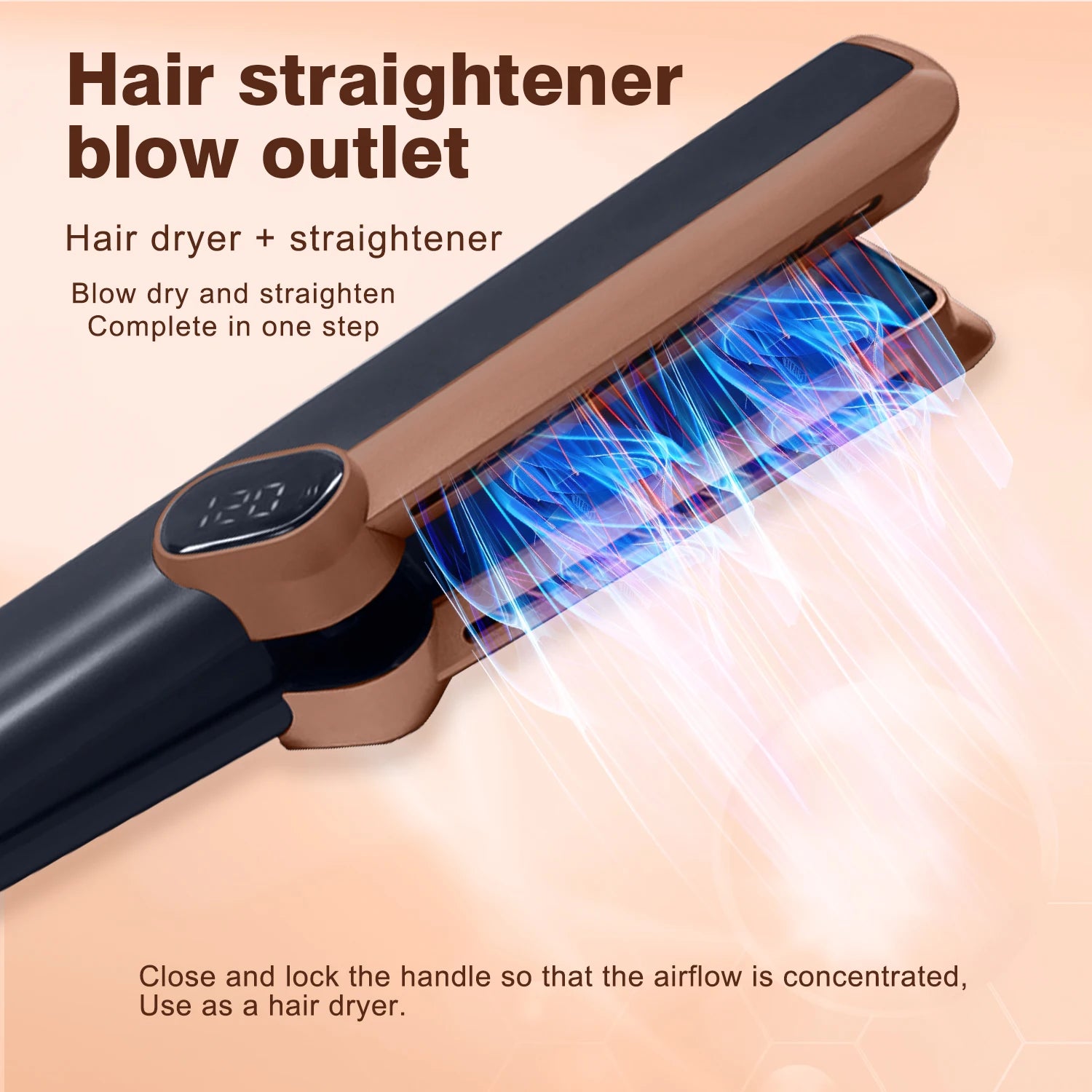 2-in-1 bronze and black hair dryer and straightener with LCD display for wet and dry hair styling.