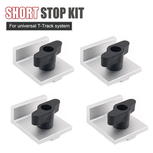 T-track short stop kit with four silver metal blocks and black clamp stop knobs