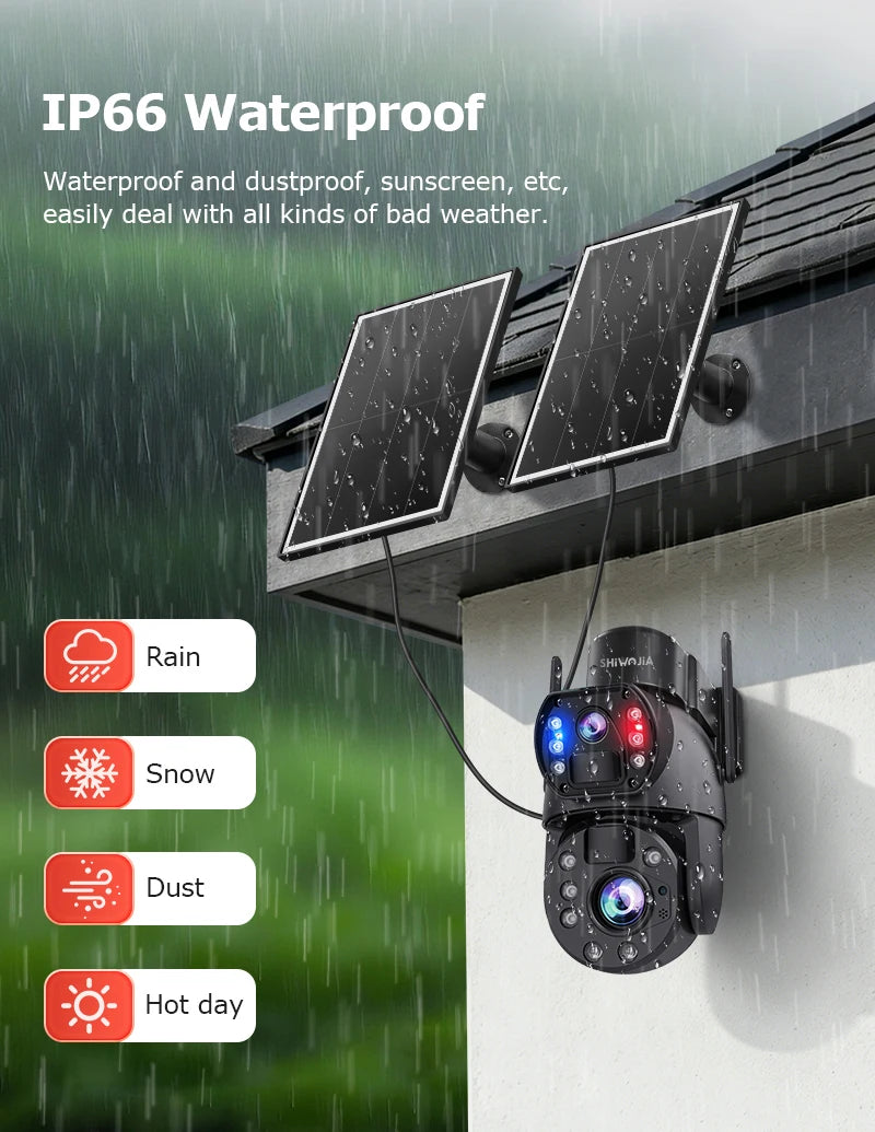 SHIWOJIA 4G Solar Security Camera Outdoor 60X Zoom Dual Screen 10MP WiFi PIR Detection AI Auto Tracking Camera UBOX