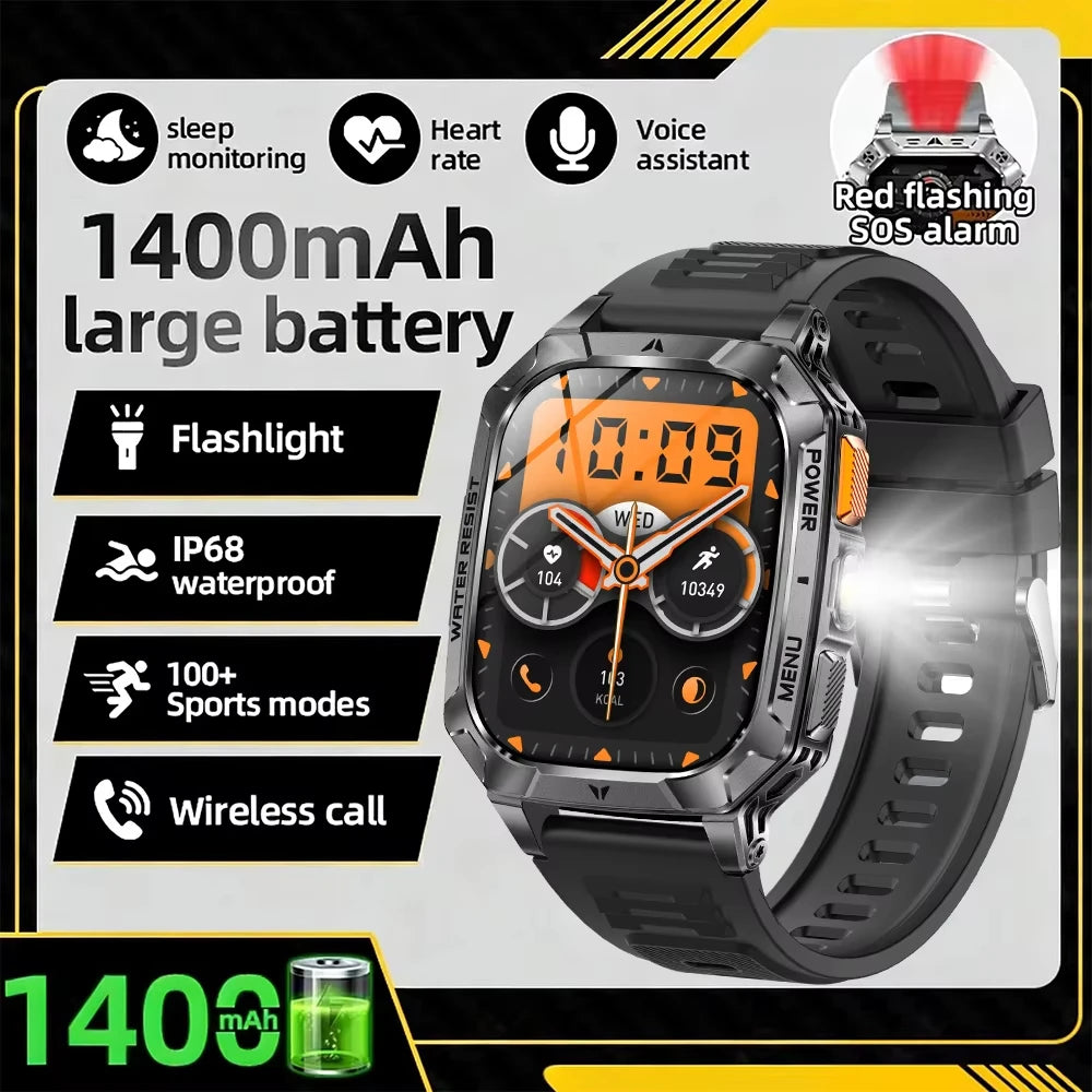 Black smartwatch with orange accents and black rubber strap, digital display