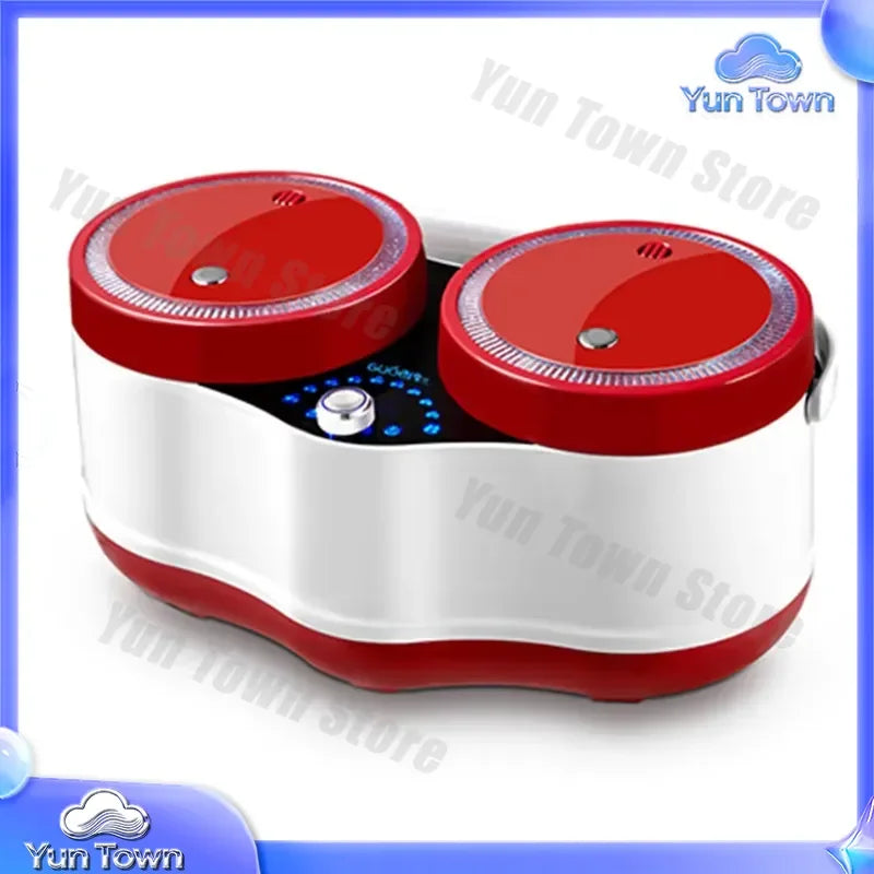 Red electric double-tube rice cooker showing two lid tops and control panel