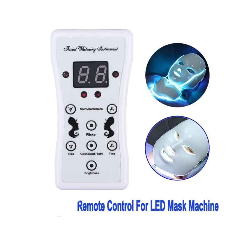 White handheld LED facial mask remote control with digital display, buttons for settings, and two circular mask insets.