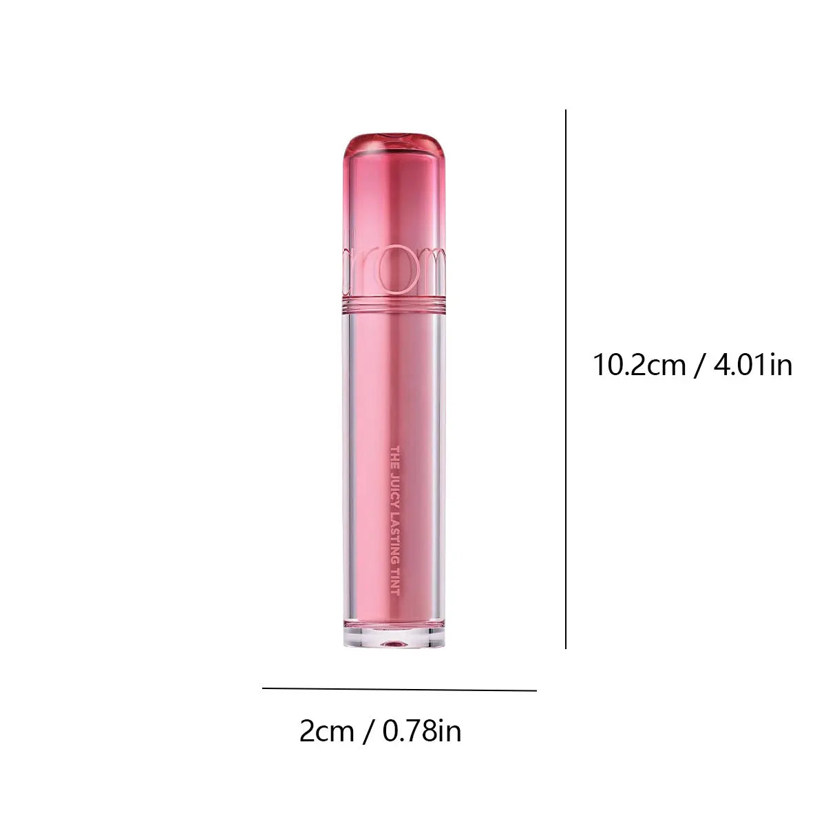 rom&nd Juicy Lasting Tint in pink sleek tube. Hydrating glossy Korean lip makeup with 10.2cm height dimension scale.