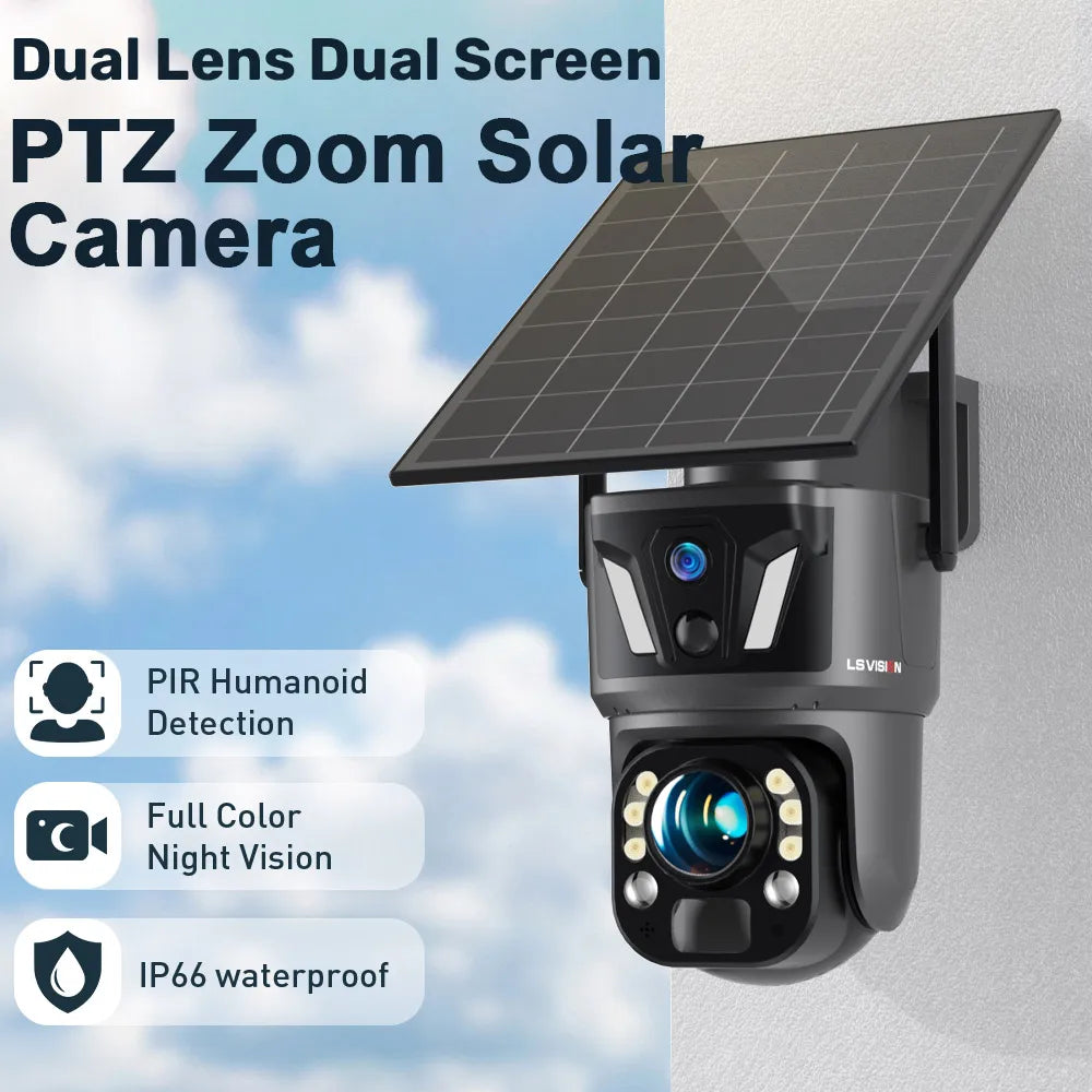 LS VISION 4K 99X Optical Zoom 4G Solar Camera Outdoor WiFi PTZ Dual Screen Dual PIR Detection Auto Tracking CCTV Camera Ubox App