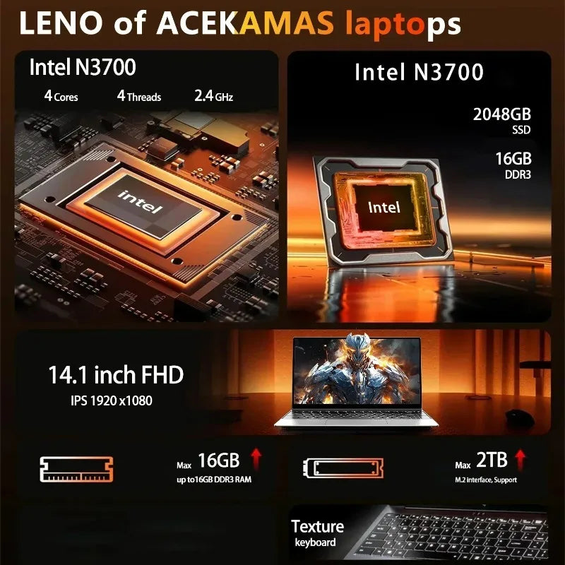 New Laptop Ultra Thin 14.1 Inch New Intel N3700 Win11 DDR4 2TB SSD 16GB/32GB RAM FHD Portable Business Office Notebook PC