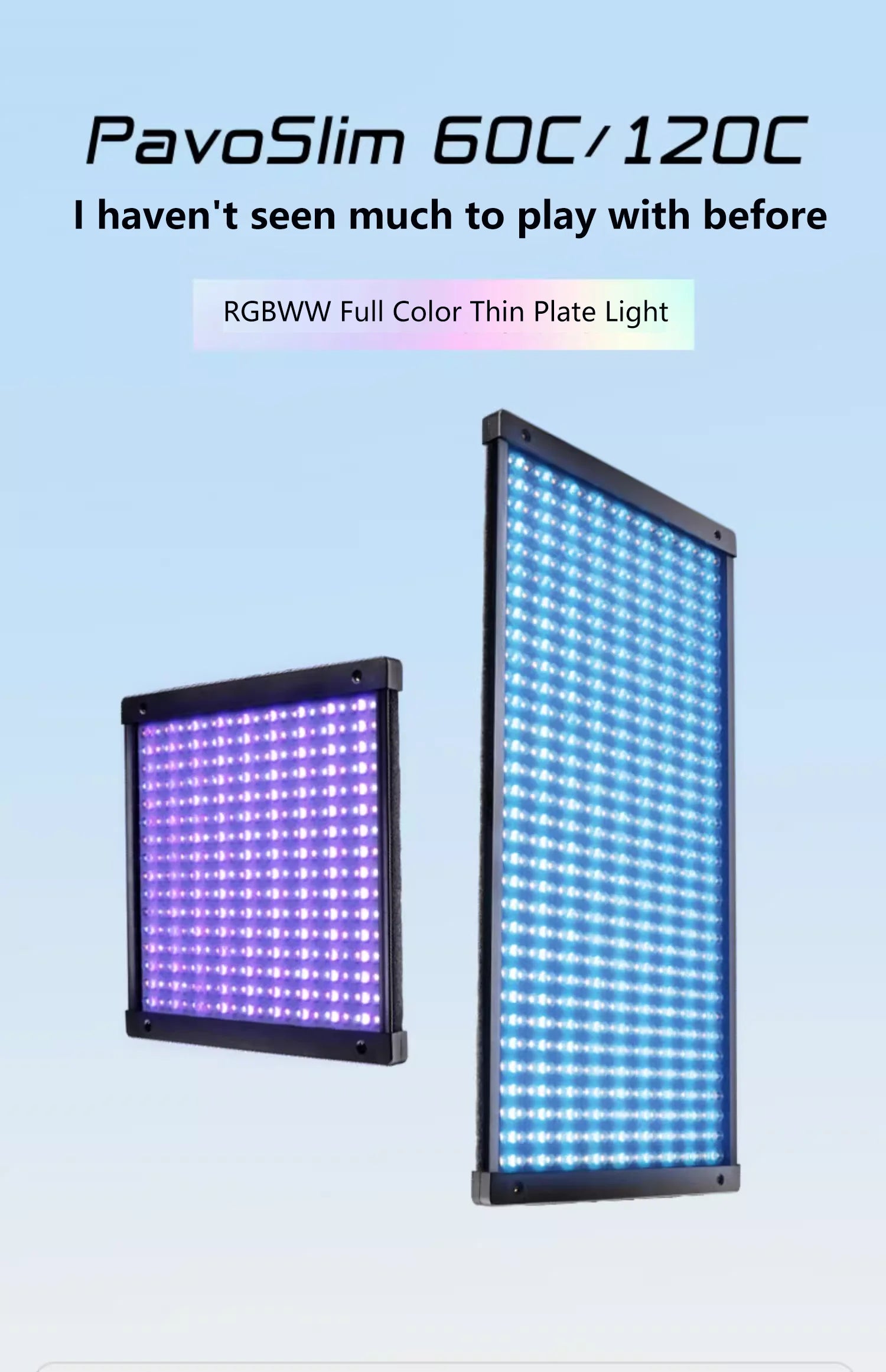 PavoSlim 60C and 120C, two thin, rectangular LED panels with black frames, emitting purple and blue light.