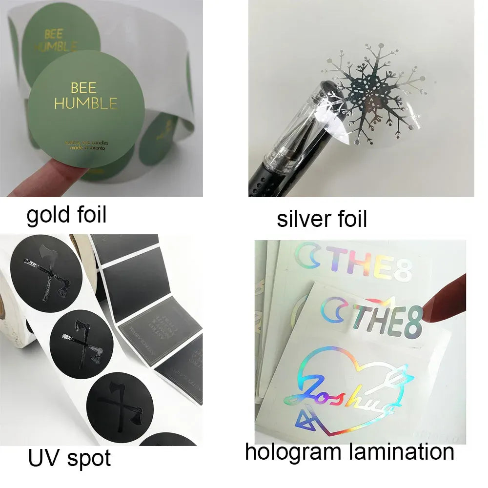 Label finish samples: gold foil, silver foil, UV spot, and hologram lamination stickers.