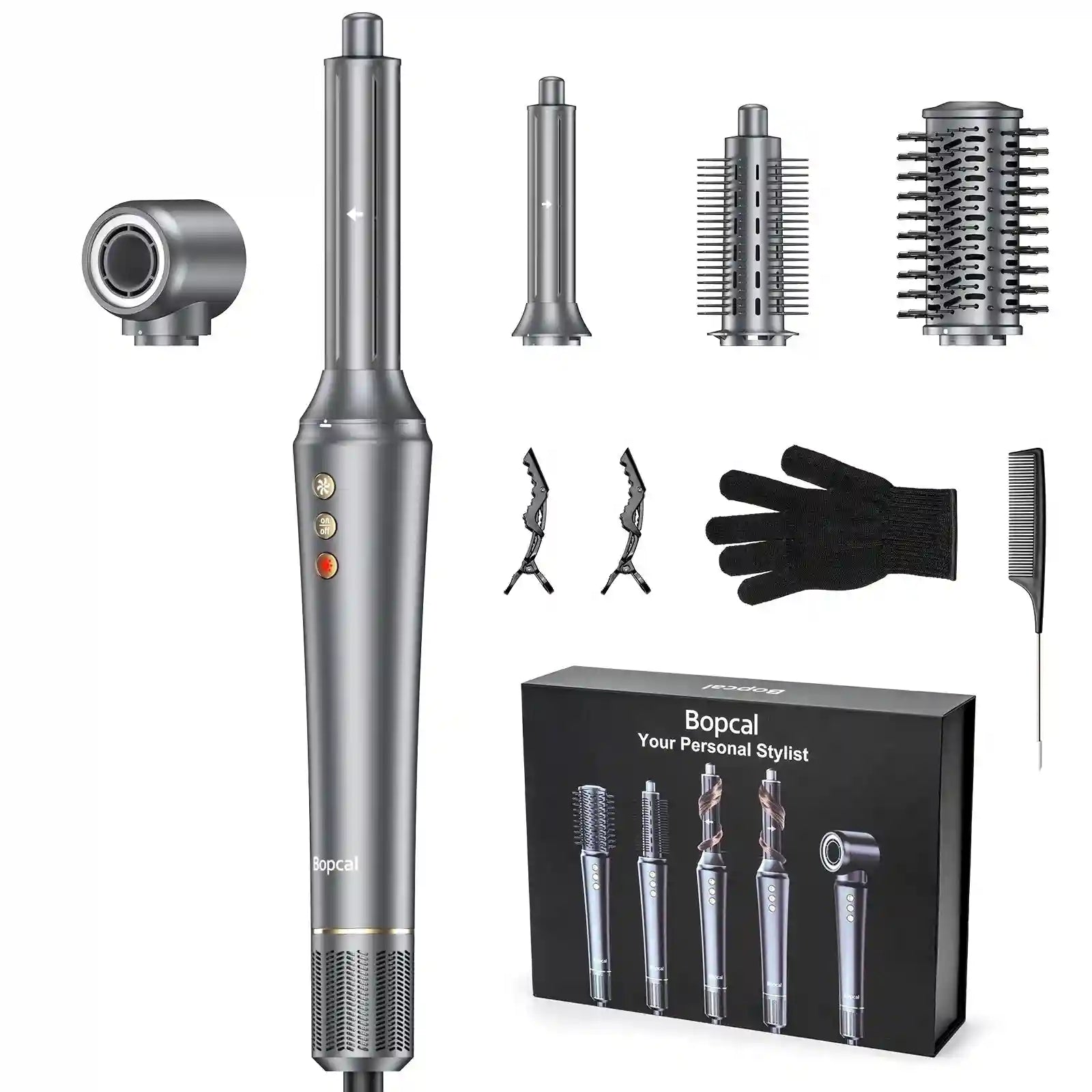 Bopcal 5-in-1 grey hair dryer brush set with curling barrels, styling attachments, hair clips, and storage box.