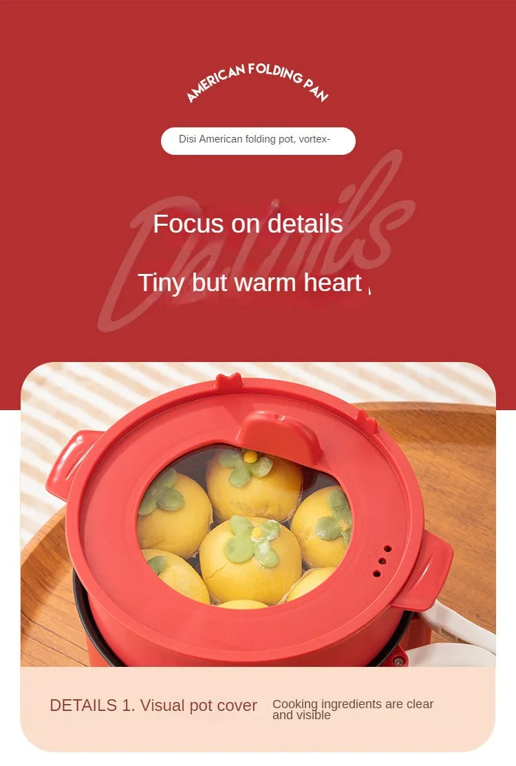 Electric folding cooking pot with transparent lid cover showing food inside