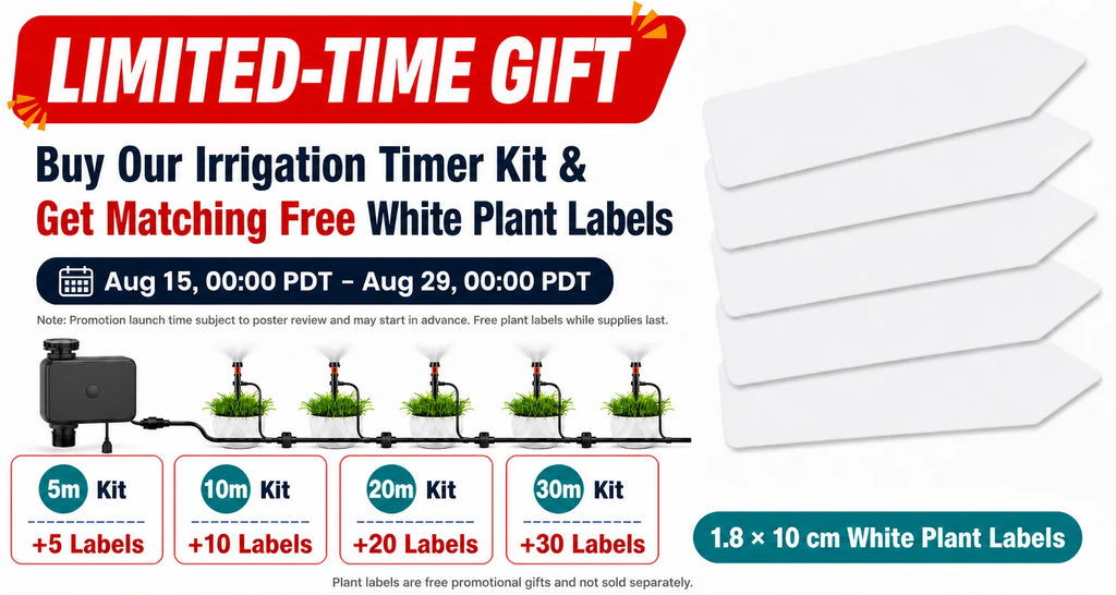 Irrigation timer kit with multiple plant label cards included, shown as a gift set