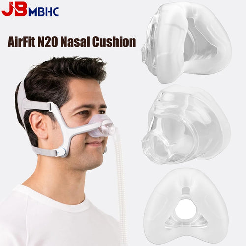 Clear CPAP mask nasal cushion for AirFit N20. Comfortable silicone sleep apnea replacement part in transparent design.