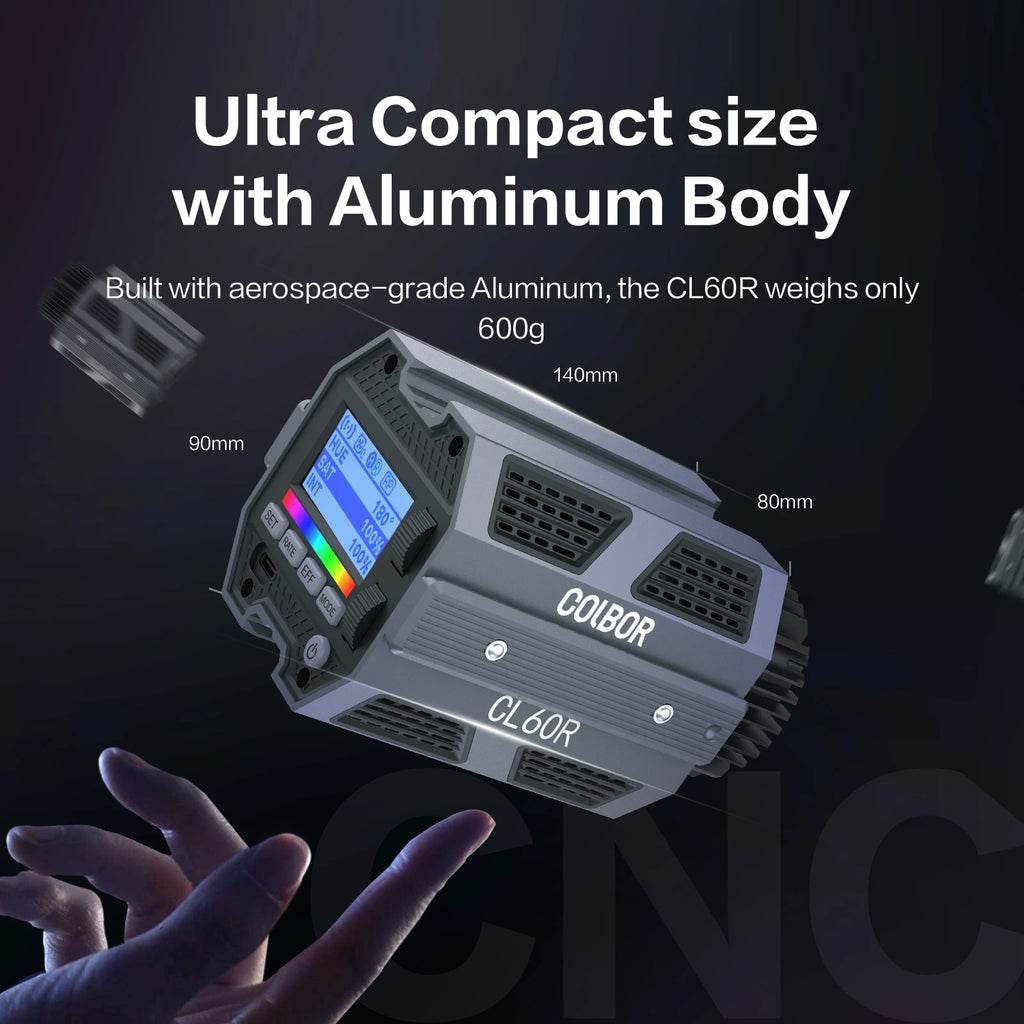CL60R compact gray aluminum video light with digital display and ventilation vents, measuring 140x80x90mm.
