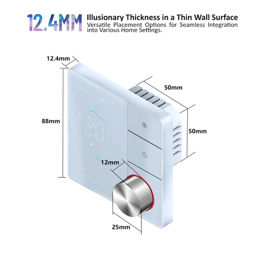 Smart WiFi floor heating thermostat, white side view with silver control knob