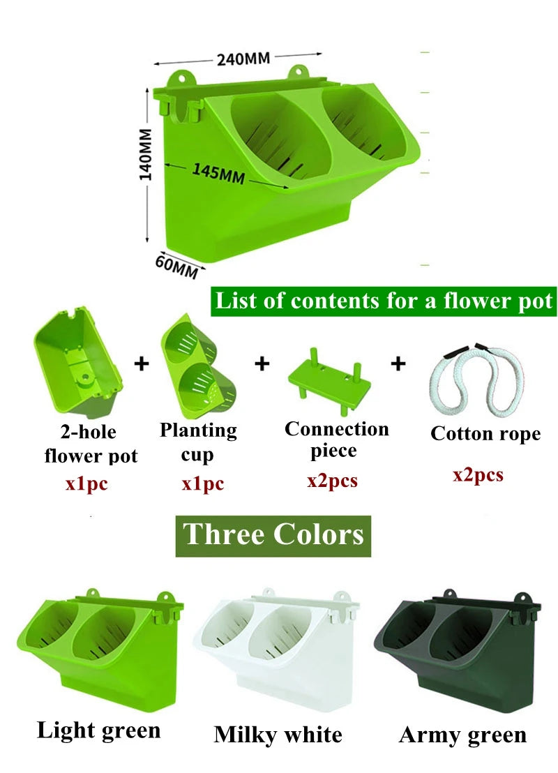 Light green two-hole wall flower pot module with stackable corners and twin cups