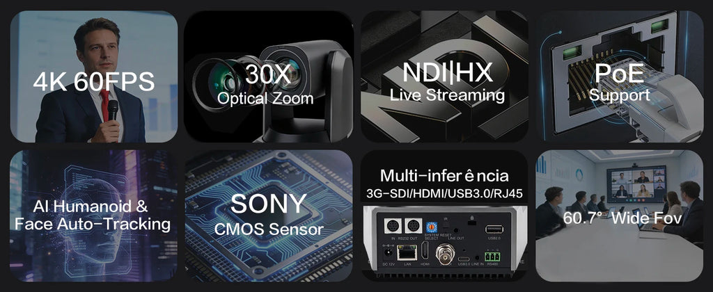 Runpu 4K 60fps NDI PTZ Camera 20x 30x Optical Zoom IP LIve Streaming PTZ Camera AI Auto-Tracking 3G-SDI LAN USB PoE for Church