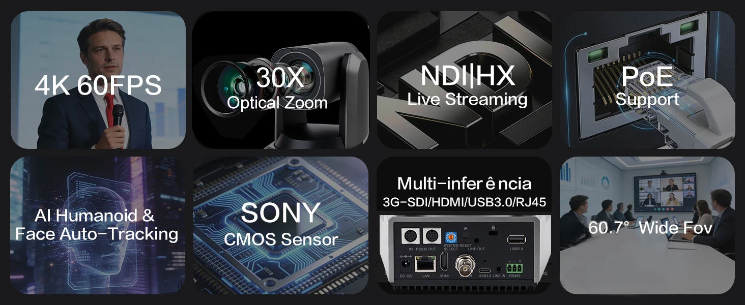 Runpu 4K 60fps NDI PTZ Camera 20x 30x Optical Zoom IP LIve Streaming PTZ Camera AI Auto-Tracking 3G-SDI LAN USB PoE for Church