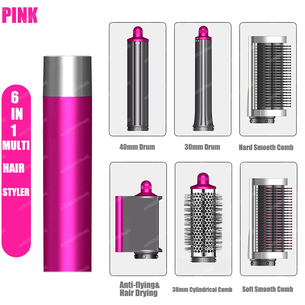 Pink 6-in-1 auto hair styler set with 1300W dryer, curling barrels, and brushes for professional salon styling.