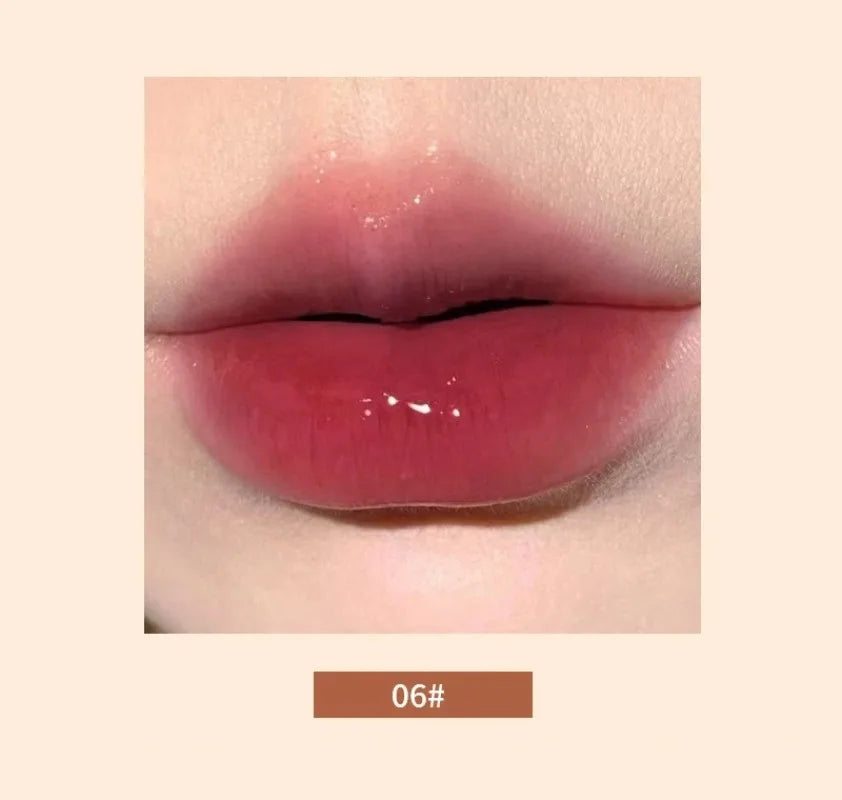Shiny mirror-finish lip glaze in shade 06#, a moisturizing Korean jelly lipstick with a glossy, water-light texture.