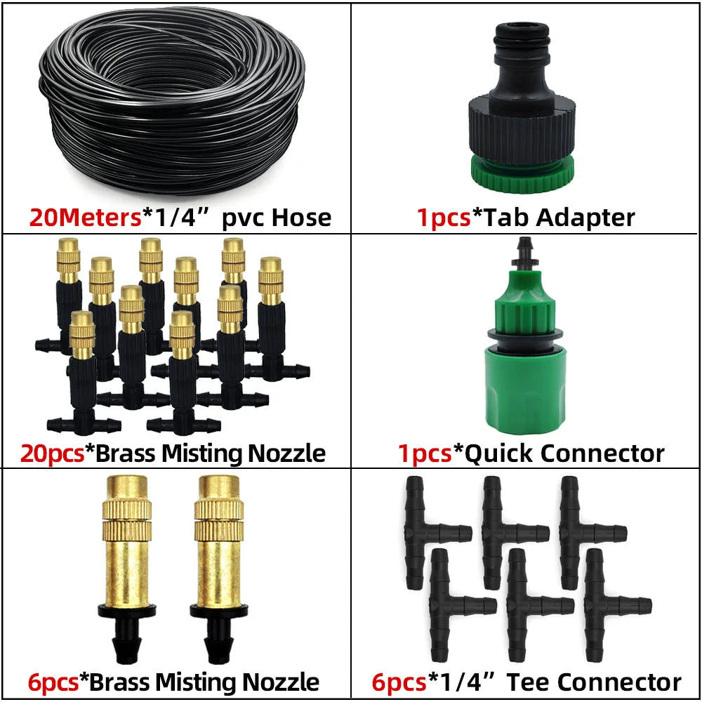 Outdoor misting hose kit with 20m black tubing, brass nozzles, green quick connector, tees.
