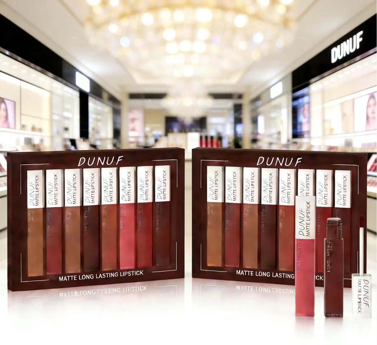 8-piece DUNUF matte liquid lipstick set featuring long-lasting, waterproof nude, red, and mauve shades in elegant cases.
