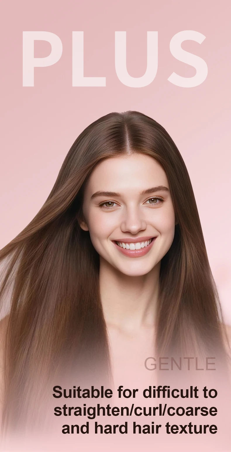 Woman with sleek, straight hair promoting a high-temp plasma ion flat iron for coarse hair on a pink background.