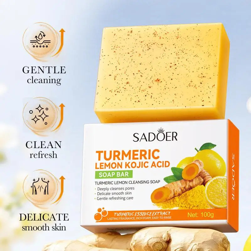 SADOER Lemon Turmeric Brightening Soap Handmade Deeply Cleansing Glowing Body Exfoliating Shower And Face Soap Body Care.