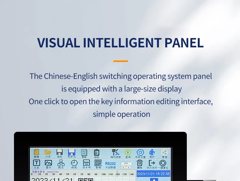 Industrial inkjet printer with touchscreen control panel showing production data