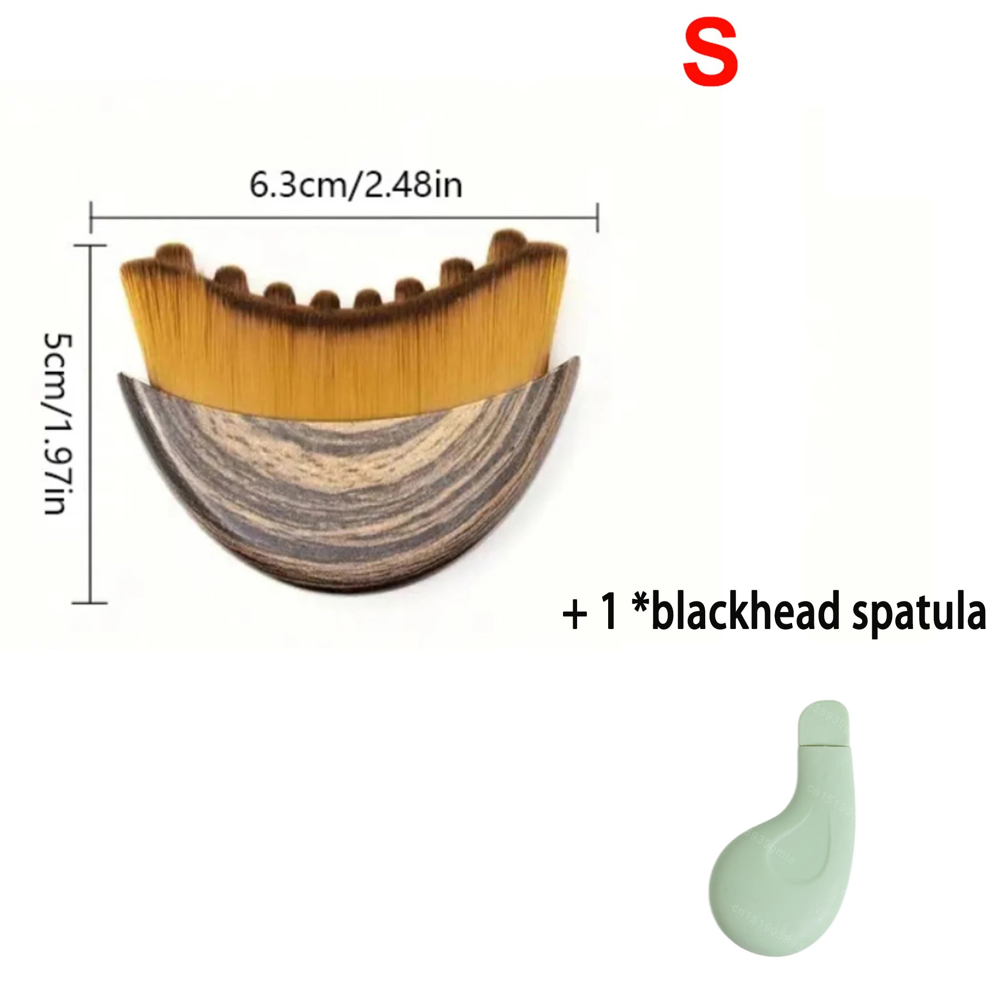 Crescent-shaped wooden-grain facial contour brush with brown bristles and an additional small green blackhead spatula.