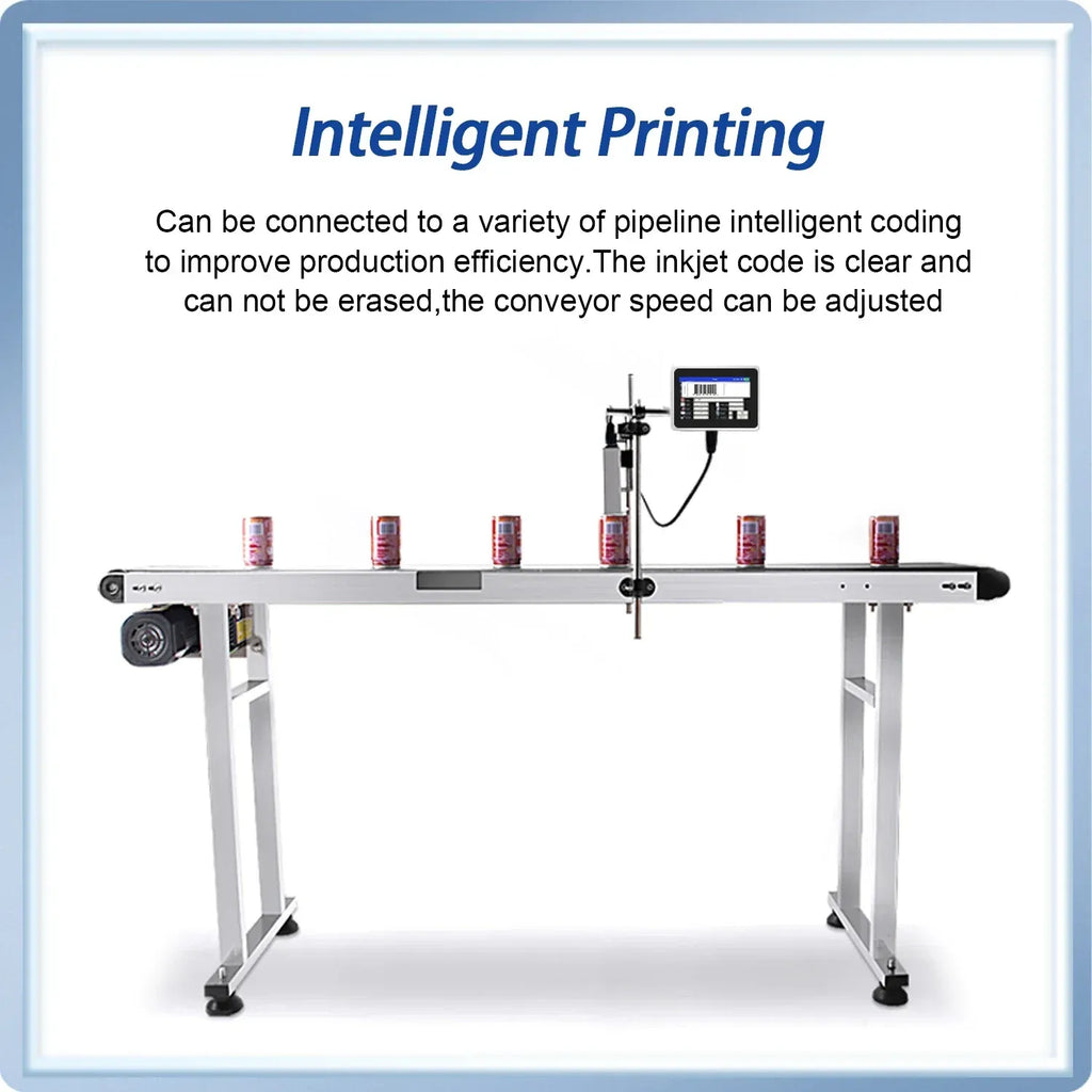 Industrial online inkjet printer on a conveyor frame with mounted control screen