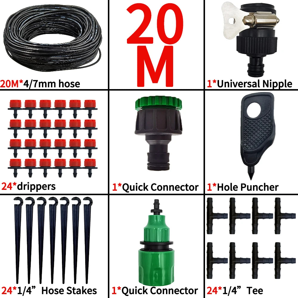 Drip irrigation kit with 20m hose, universal nipple, quick connectors, drippers, stakes and tee