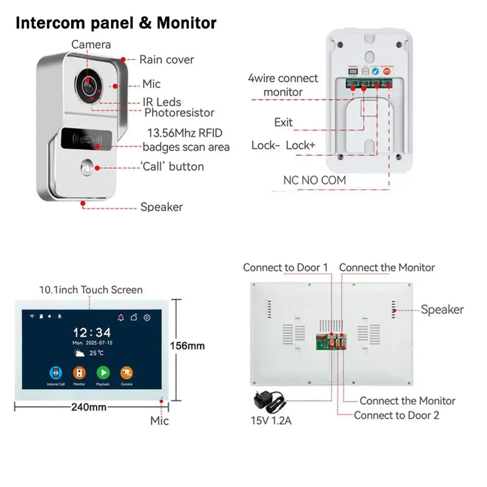 Wireless WiFi Video Doorbell 4 Wire 10 inch Touch Screen Tuya Smart 2V2/2V3 Home Video Doorphone Intercom System RFID APP Unlock