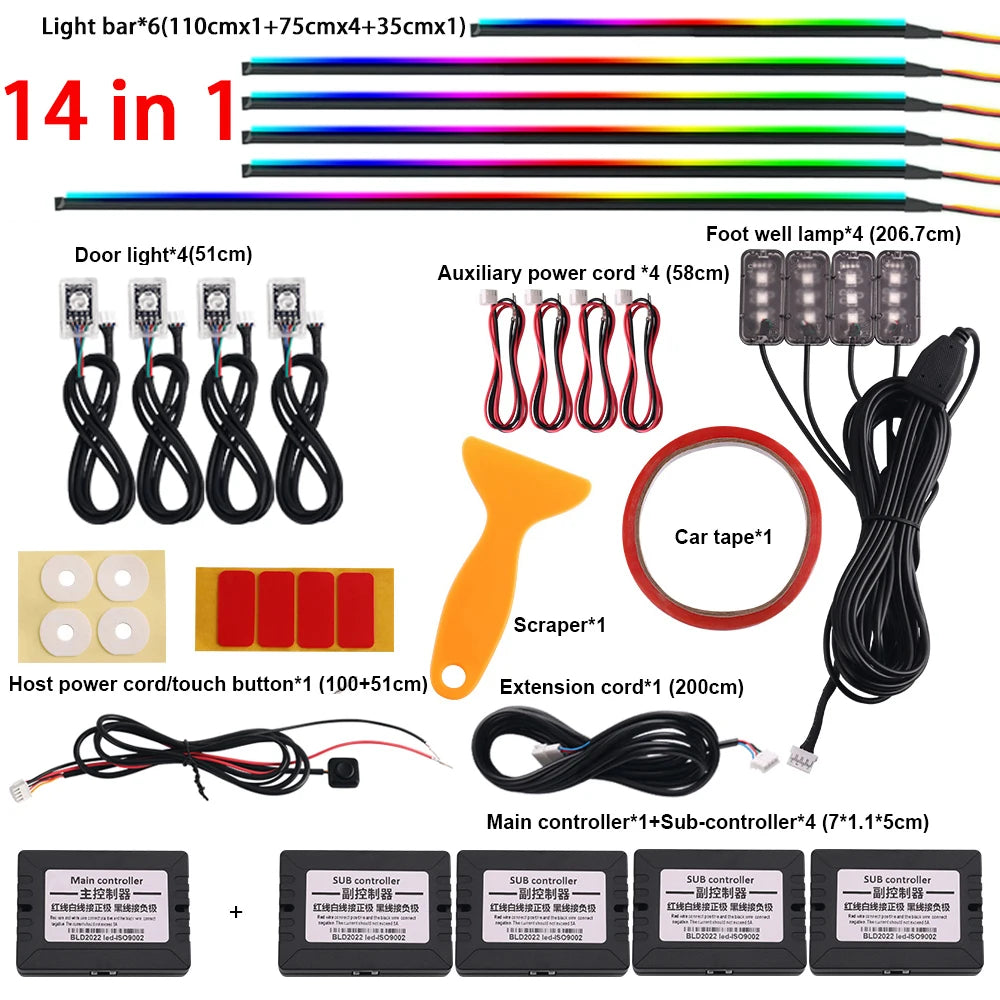 RGB Car Ambient Light Kit | App-Controlled Acrylic Fiber Optic System 14 in 1 Full color Tidesmit