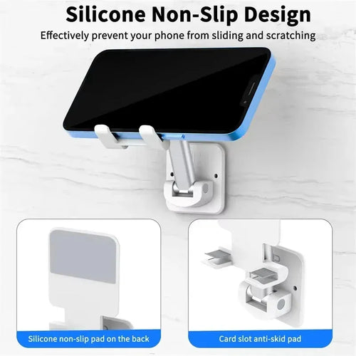 White wall mount phone holder with silicone non-slip pads and tilting cradle