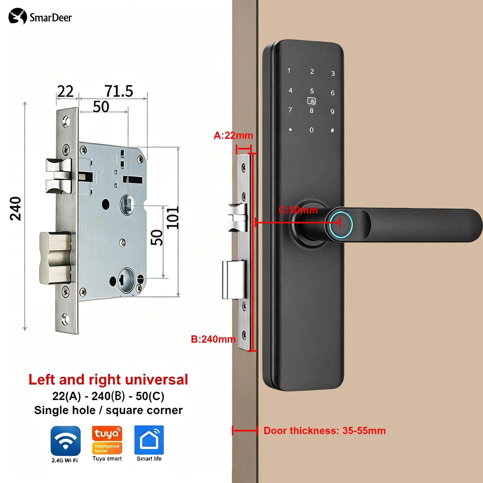 SmarDeer Indoor 5-in-1 Intelligent Door Lock,Tuya WIFI Fingerprint Lock，Keyless Entry Smart Electronic Door Lock for Home