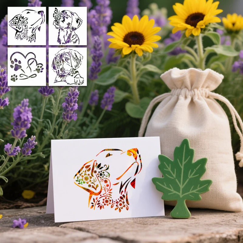 4-pack reusable dog painting stencils for DIY pet crafts, graffiti, and home decor art projects.