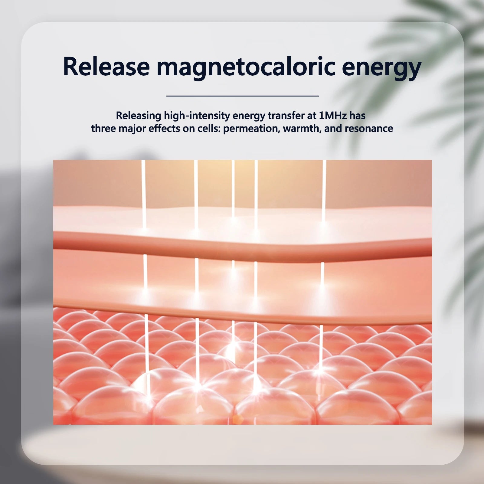 Diagram showing 1MHz energy waves penetrating skin layers to promote cellular permeation, warmth, and resonance.