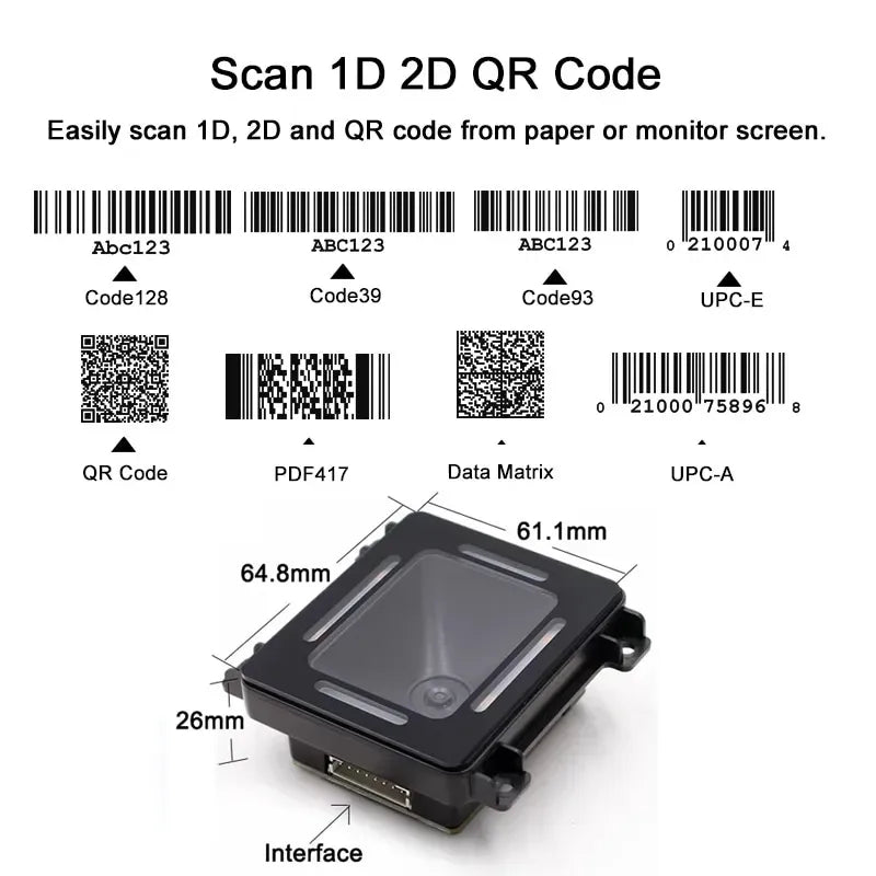 FM700B QR code scanner module with scan window and barcode examples
