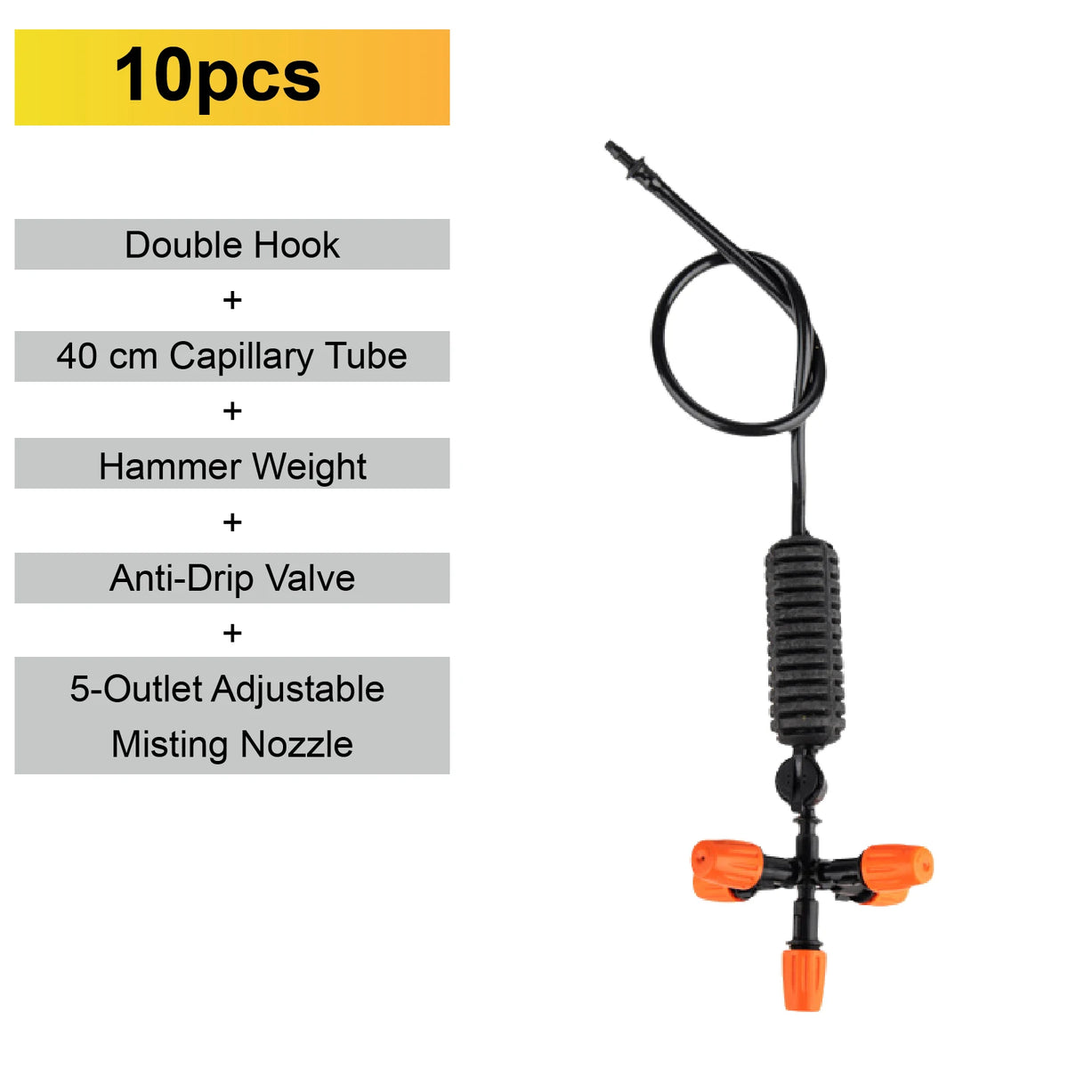10-pack adjustable 5-outlet misting nozzle with anti-drip valve and capillary tube