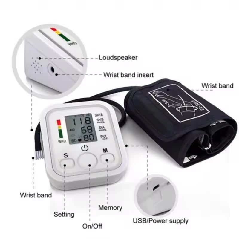 Arm Blood Pressure Monitor LCD Pressure Sensor Monitor BP Automatic Tonometer Digital Tensiometer LED Display Cuff Heart