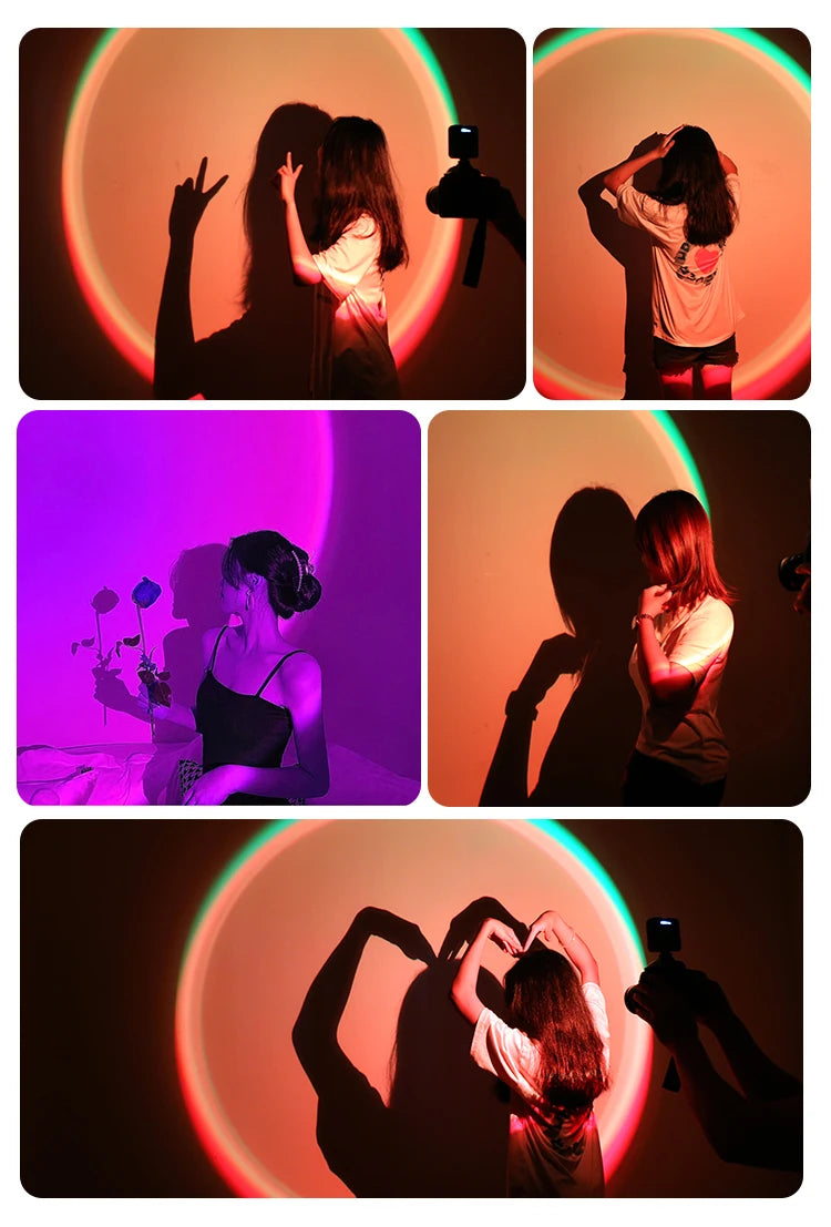 Sunset projection lamp casting multi-colored circular light gradients on a wall for creative photography and atmosphere.